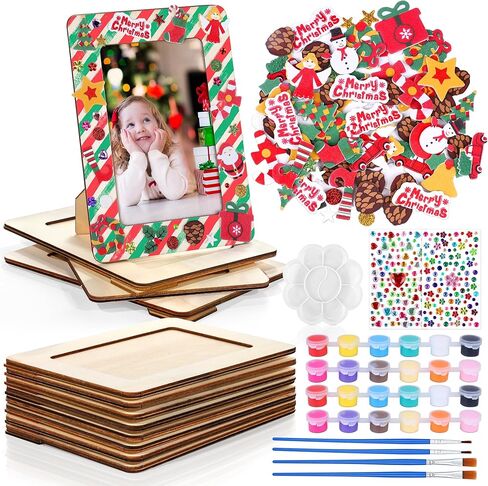 12 حزمة إطار صورة عيد الميلاد لوحة فنية عدة إطار صور خشبي مجمد لصورة مقاس 4 × 6 بوصة مع 100 ملصق ملصقات حجر الراين 4 فرش مجموعة للطلاء والتزيين بنفسك in Kuwait