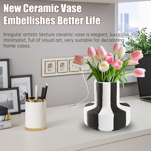 Black and White Striped Ceramic Vase for Home Decor,Desktop Centerpiece Suitable for Living Rooms Bedrooms Offices and Wedding Decorations,Minimalism Suitable for Friends in Saudi Arabia