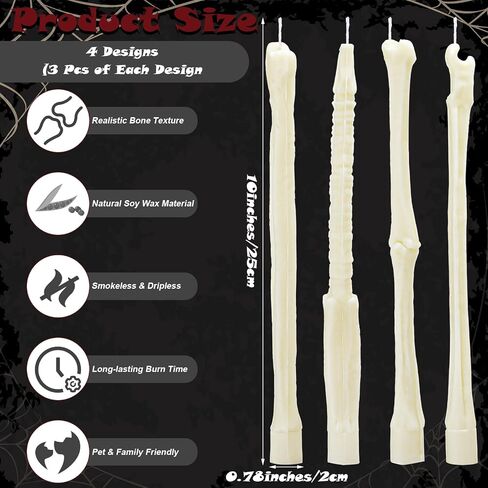 Nuanchu 12 Pack Halloween Bone Taper Candles 10 Inch Unscented Dripless Skeleton Candles for Halloween Party Decor, Table Centerpiece, Gothic Home Decoration, Spooky Gifts in Saudi Arabia