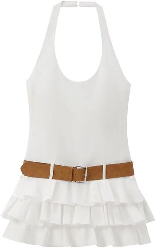 Women's Casual O-Neck Sleeveless Belted A-Line Zipper Closure Above Knee Mini Dress in Saudi Arabia