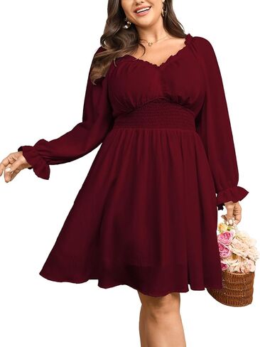 SCOMCHIC Womnes Plus Size Long Sleeve Mini Dress Smocked Elastic Waist Sweetheart V Neck A Line Dresses in Kuwait