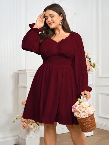 SCOMCHIC Womnes Plus Size Long Sleeve Mini Dress Smocked Elastic Waist Sweetheart V Neck A Line Dresses in Kuwait