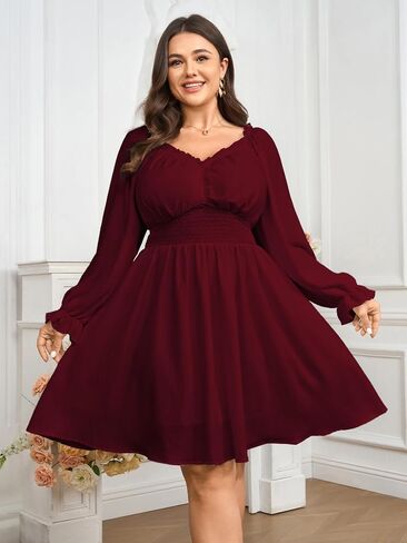 SCOMCHIC Womnes Plus Size Long Sleeve Mini Dress Smocked Elastic Waist Sweetheart V Neck A Line Dresses in Kuwait