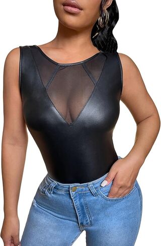Floerns Women's Sleeveless Pu Leather Contrast Mesh Round Neck Streetwear Tank Top in Saudi Arabia