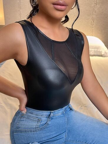Floerns Women's Sleeveless Pu Leather Contrast Mesh Round Neck Streetwear Tank Top in Saudi Arabia