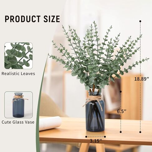 بقايا 18.8 بوصة من ينبع الأوكالبتوس الاصطناعي في مزهرية زجاجية سوداء، نبات الأوكالبتوس النباتي المزيف لتزيين الطاولة المركزية ديكور المنزل في مزرعة الحمام الأسود in Kuwait
