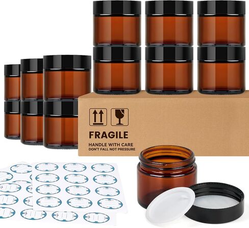 Qeirudu 4 Oz Small Amber Glass Jars with Black Lids, 12 Pack Empty Glass Cosmetic Jars with Inner Liners and Labels for Storing Lotions, Ointments, Creams, Candles in Saudi Arabia