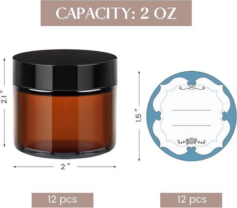 Qeirudu 4 Oz Small Amber Glass Jars with Black Lids, 12 Pack Empty Glass Cosmetic Jars with Inner Liners and Labels for Storing Lotions, Ointments, Creams, Candles in Saudi Arabia