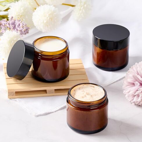 Qeirudu 4 Oz Small Amber Glass Jars with Black Lids, 12 Pack Empty Glass Cosmetic Jars with Inner Liners and Labels for Storing Lotions, Ointments, Creams, Candles in Saudi Arabia