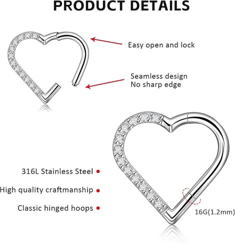 16G G23 Titanium Heart Shape Daith Piercing Nose Piercing Clicker Cartilage Tragus Earring Daith Helix Tragus Cartilage Cubic Zirconia Earrings Jewelry for Women Men in Saudi Arabia