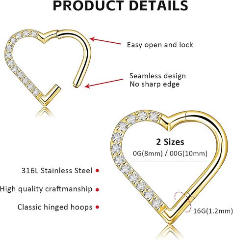16G G23 Titanium Heart Shape Daith Piercing Nose Piercing Clicker Cartilage Tragus Earring Daith Helix Tragus Cartilage Cubic Zirconia Earrings Jewelry for Women Men in Saudi Arabia