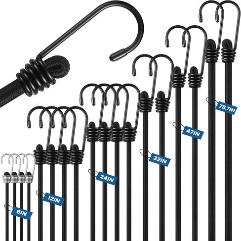 SATINIOR 18 Pcs Bungee Cords with Hooks Heavy Duty Outdoor Elastic Bungee Straps 8" 12" 24" 32" 47" 78.7'' Extra Strong Outdoor Elastic Rope for Luggage Rack Camping Tarps Tents Bike, Black in Saudi Arabia