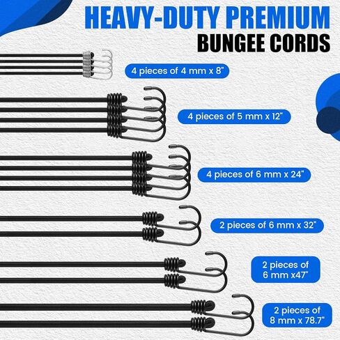 SATINIOR 18 Pcs Bungee Cords with Hooks Heavy Duty Outdoor Elastic Bungee Straps 8" 12" 24" 32" 47" 78.7'' Extra Strong Outdoor Elastic Rope for Luggage Rack Camping Tarps Tents Bike, Black in Saudi Arabia