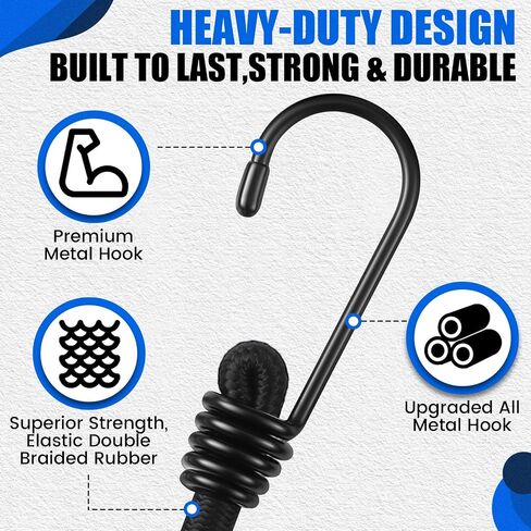 SATINIOR 18 Pcs Bungee Cords with Hooks Heavy Duty Outdoor Elastic Bungee Straps 8" 12" 24" 32" 47" 78.7'' Extra Strong Outdoor Elastic Rope for Luggage Rack Camping Tarps Tents Bike, Black in Saudi Arabia