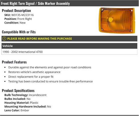 Front Right Passenger Side Turn Signal/Side Marker Assembly - Compatible with 1990-2002 International 4700 in Saudi Arabia