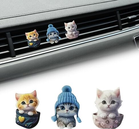 3PCS Cute Cat Car Air Freshener Vent Clip, 2D Flat Acrylic Auto Air Conditioning Diffuser Outlet Clip, Cartoon Kitty Automotive Interior Decoration Accessory for Women (Blue/Pink/Green) in Saudi Arabia