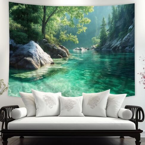 Riyidecor Nature Tapestry 80Wx60H Inch Forest Tree Green Woodland Mountain Lake Landscape Farmhouse Country Rustic Wall Hanging for Neutral Unisex Men Women Home Dorm Decor Art Living Room Bedroom in Saudi Arabia