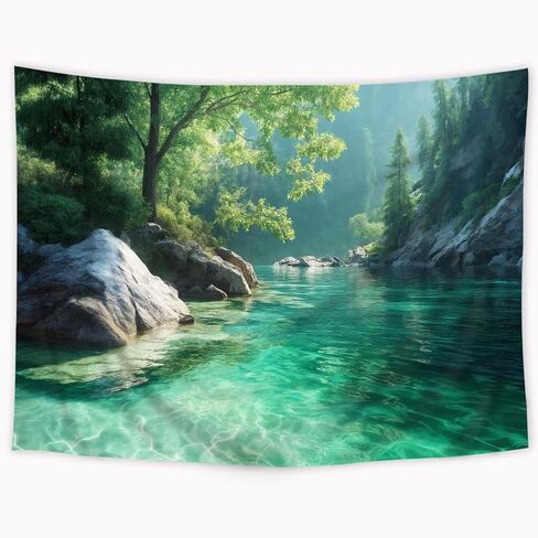 Riyidecor Nature Tapestry 80Wx60H Inch Forest Tree Green Woodland Mountain Lake Landscape Farmhouse Country Rustic Wall Hanging for Neutral Unisex Men Women Home Dorm Decor Art Living Room Bedroom in Saudi Arabia