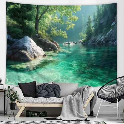 Riyidecor Nature Tapestry 80Wx60H Inch Forest Tree Green Woodland Mountain Lake Landscape Farmhouse Country Rustic Wall Hanging for Neutral Unisex Men Women Home Dorm Decor Art Living Room Bedroom in Saudi Arabia