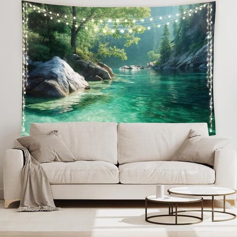 Riyidecor Nature Tapestry 80Wx60H Inch Forest Tree Green Woodland Mountain Lake Landscape Farmhouse Country Rustic Wall Hanging for Neutral Unisex Men Women Home Dorm Decor Art Living Room Bedroom in Saudi Arabia