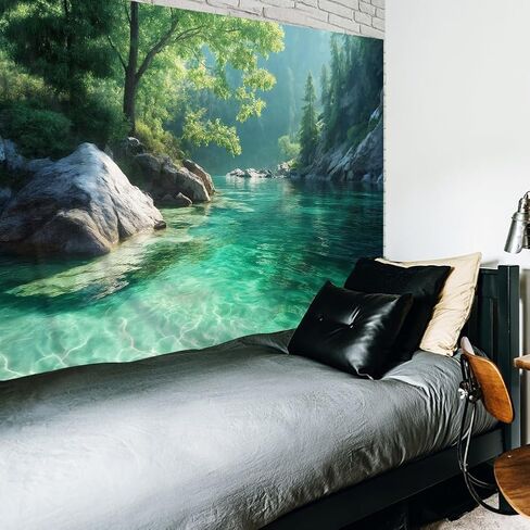 Riyidecor Nature Tapestry 80Wx60H Inch Forest Tree Green Woodland Mountain Lake Landscape Farmhouse Country Rustic Wall Hanging for Neutral Unisex Men Women Home Dorm Decor Art Living Room Bedroom in Saudi Arabia
