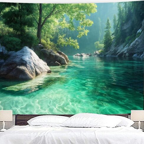 Riyidecor Nature Tapestry 80Wx60H Inch Forest Tree Green Woodland Mountain Lake Landscape Farmhouse Country Rustic Wall Hanging for Neutral Unisex Men Women Home Dorm Decor Art Living Room Bedroom in Saudi Arabia