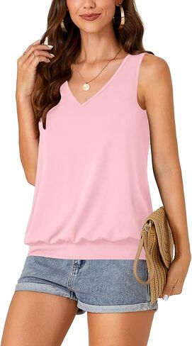 Umenlele Women’s Casual Banded Bottom Cami Shirt V Neck Sleeveless Loose Summer Tank Top Camisole in Kuwait