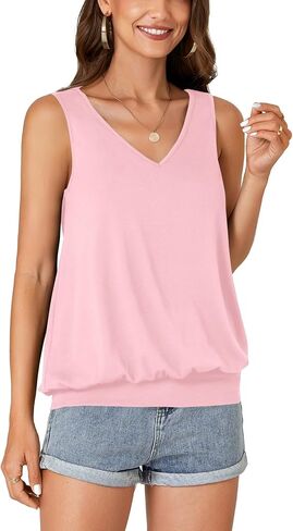 Umenlele Women’s Casual Banded Bottom Cami Shirt V Neck Sleeveless Loose Summer Tank Top Camisole in Kuwait