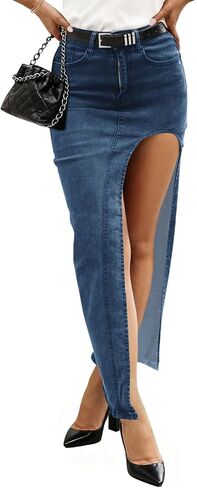 Wenrine Women's Sexy High Waist Denim Skirt Split Zip Up Jean Skirt Casual Maxi Skirt with Pockets in Kuwait