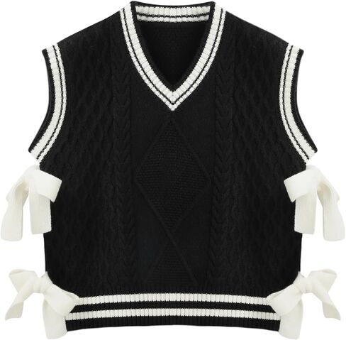 CIDER V-Neck Contrast Binding Bowknot Knitted Vest Curve & Plus in Saudi Arabia