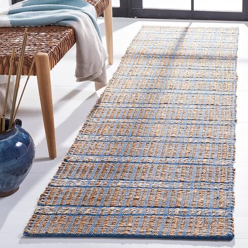 SAFAVIEH Natural Fiber Collection Runner Rug - 2'3" x 8', Blue & Natural, Handmade Boho Stripe Farmhouse Rustic Jute & Cotton Jute, Ideal for High Traffic Areas in Living Room, Bedroom (NFB656M) in Saudi Arabia