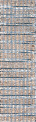 SAFAVIEH Natural Fiber Collection Runner Rug - 2'3" x 8', Blue & Natural, Handmade Boho Stripe Farmhouse Rustic Jute & Cotton Jute, Ideal for High Traffic Areas in Living Room, Bedroom (NFB656M) in Saudi Arabia