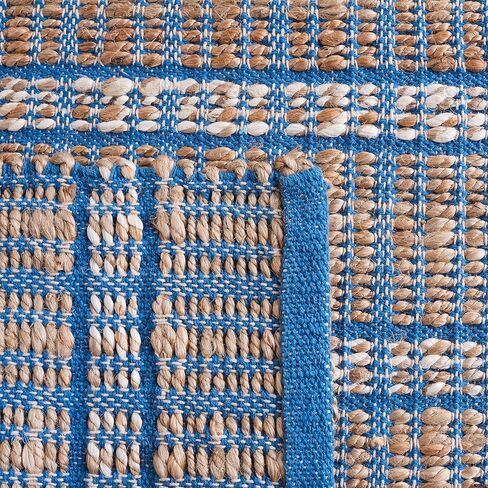 SAFAVIEH Natural Fiber Collection Runner Rug - 2'3" x 8', Blue & Natural, Handmade Boho Stripe Farmhouse Rustic Jute & Cotton Jute, Ideal for High Traffic Areas in Living Room, Bedroom (NFB656M) in Saudi Arabia