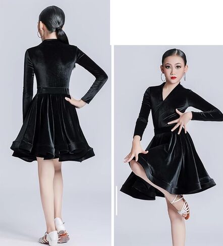 Girls Latin Dress Dance Long Sleeve Velvet Show Dance Costume Ballroom Party Competition Dancewear in Saudi Arabia