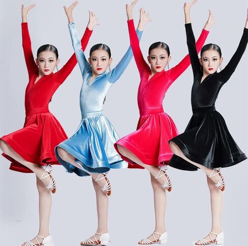 Girls Latin Dress Dance Long Sleeve Velvet Show Dance Costume Ballroom Party Competition Dancewear in Saudi Arabia