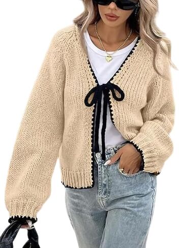 chouyatou Women's Bow Tie Front Cardigan Sweaters Fall Winter Long Sleeve Open Front Chunky Sweater Coats in Saudi Arabia