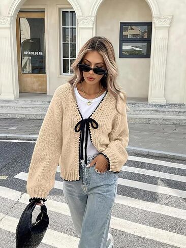 chouyatou Women's Bow Tie Front Cardigan Sweaters Fall Winter Long Sleeve Open Front Chunky Sweater Coats in Saudi Arabia