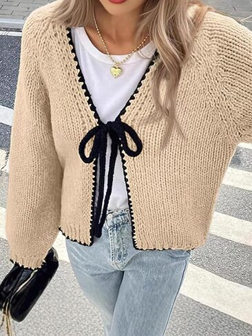 chouyatou Women's Bow Tie Front Cardigan Sweaters Fall Winter Long Sleeve Open Front Chunky Sweater Coats in Saudi Arabia