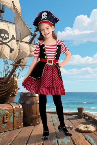 Pirate Costume Kids Deluxe Girls Pirate Dress Hat Belt Halloween Cosplay Outfits in Saudi Arabia