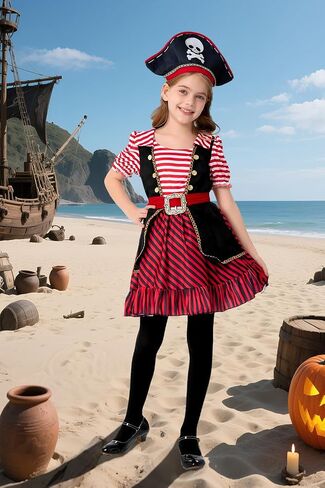 Pirate Costume Kids Deluxe Girls Pirate Dress Hat Belt Halloween Cosplay Outfits in Saudi Arabia