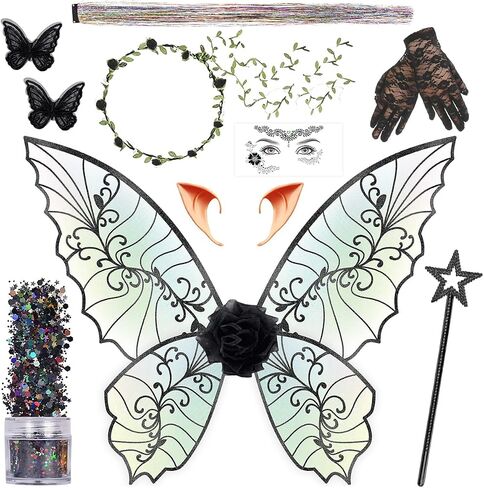 Fairy Wings for Adults Women Floral Garland Star Wands Hair Tinsel Elf Ears Fairy Costume Halloween Cosplay 13PCS in Kuwait