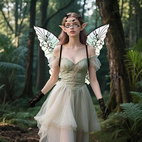 Fairy Wings for Adults Women Floral Garland Star Wands Hair Tinsel Elf Ears Fairy Costume Halloween Cosplay 13PCS in Kuwait