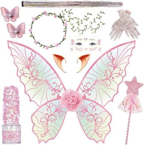 Fairy Wings for Adults Women Floral Garland Star Wands Hair Tinsel Elf Ears Fairy Costume Halloween Cosplay 13PCS in Kuwait