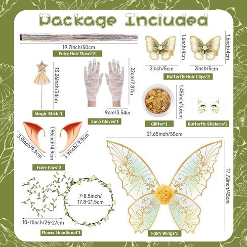 Fairy Wings for Adults Women Floral Garland Star Wands Hair Tinsel Elf Ears Fairy Costume Halloween Cosplay 13PCS in Kuwait