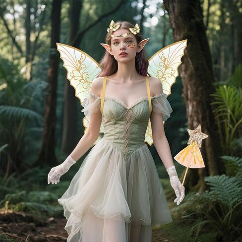 Fairy Wings for Adults Women Floral Garland Star Wands Hair Tinsel Elf Ears Fairy Costume Halloween Cosplay 13PCS in Kuwait