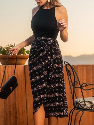 CUPSHE Women's Party Dresses Casual Halter Sleeveless Wrap Floral Belted Long Cocktail Summer Dress in Saudi Arabia