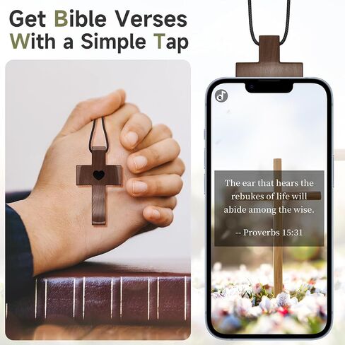 Wooden Cross Necklace, Cross Pendant for Stress Relief, Touch to Read Bible Verses via Phone, Adjustable Walnut Necklace for Baptism, Confirmation, Easter, Christmas in Saudi Arabia
