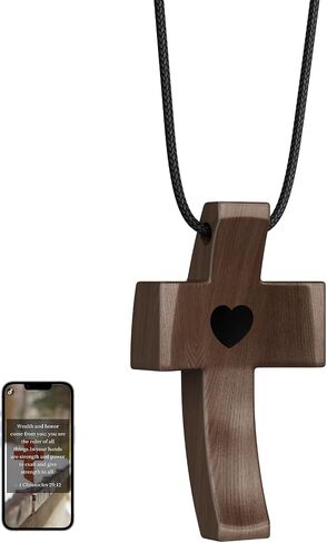 Wooden Cross Necklace, Cross Pendant for Stress Relief, Touch to Read Bible Verses via Phone, Adjustable Walnut Necklace for Baptism, Confirmation, Easter, Christmas in Saudi Arabia