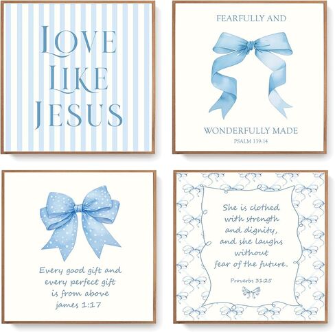 LARTSFRO Coquette Blue Bow Jesus Wall Art Decor Posters, Light Blue Bow Room Bedroom Bathroom Wall Art Decor Aesthetic for Teen Girls Gifts, Inspirational Bible Verses Bow Wall Decor, 10x8 Inch Set of 4 Unframed Bow Pictures in Kuwait