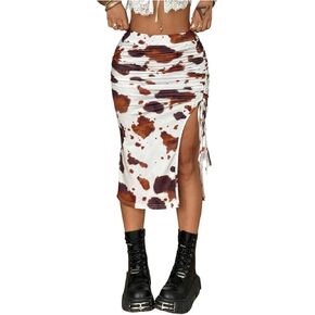 Verdusa Women's Animal Print Drawstring Thigh Slit Bodycon Skirt Elegant Ruched Long Skirts in Saudi Arabia